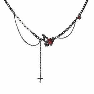 Layered Gothic Chain Necklace – Red Stone & Cross Drop Pendant